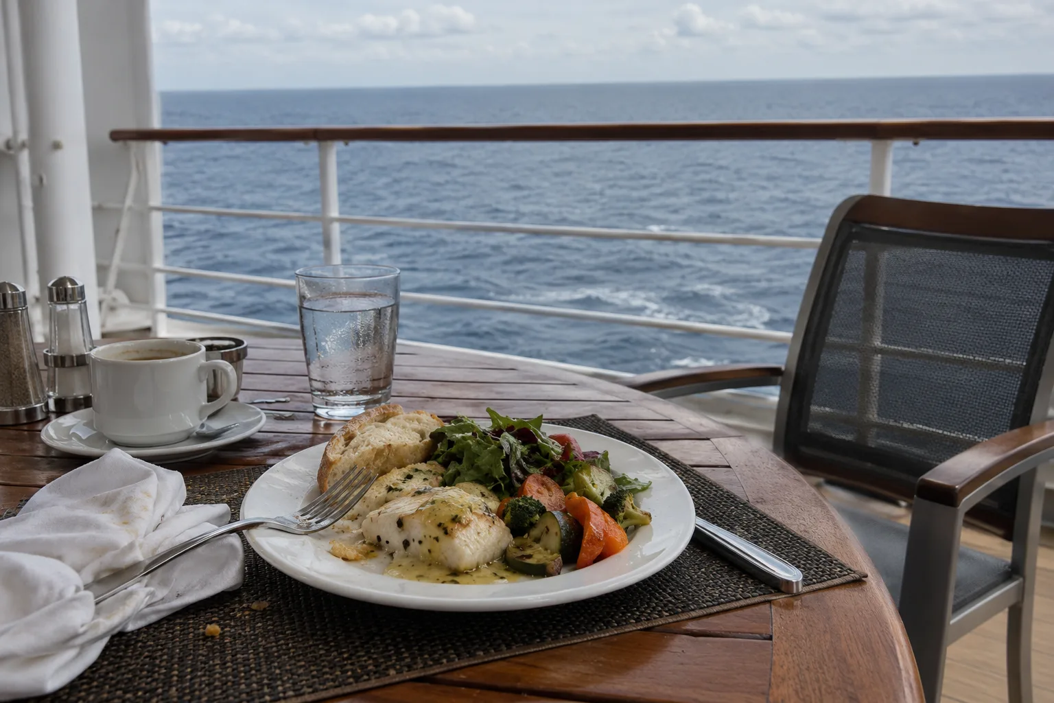 Een eenvoudige lunch met water en koffie op een schaduwrijk buitendek