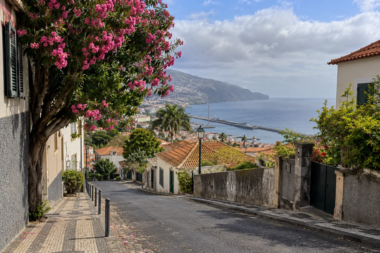 Rode daken en een straat met uitzicht op de baai van Funchal