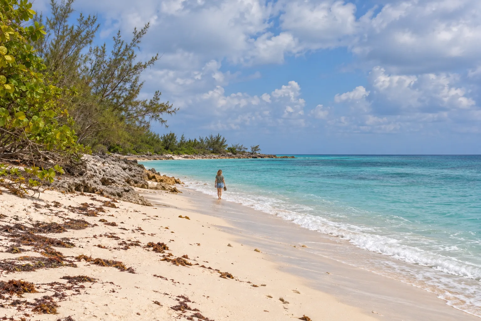 Marieke wandelt klein in de verte langs de vloedlijn op een Caribisch strand