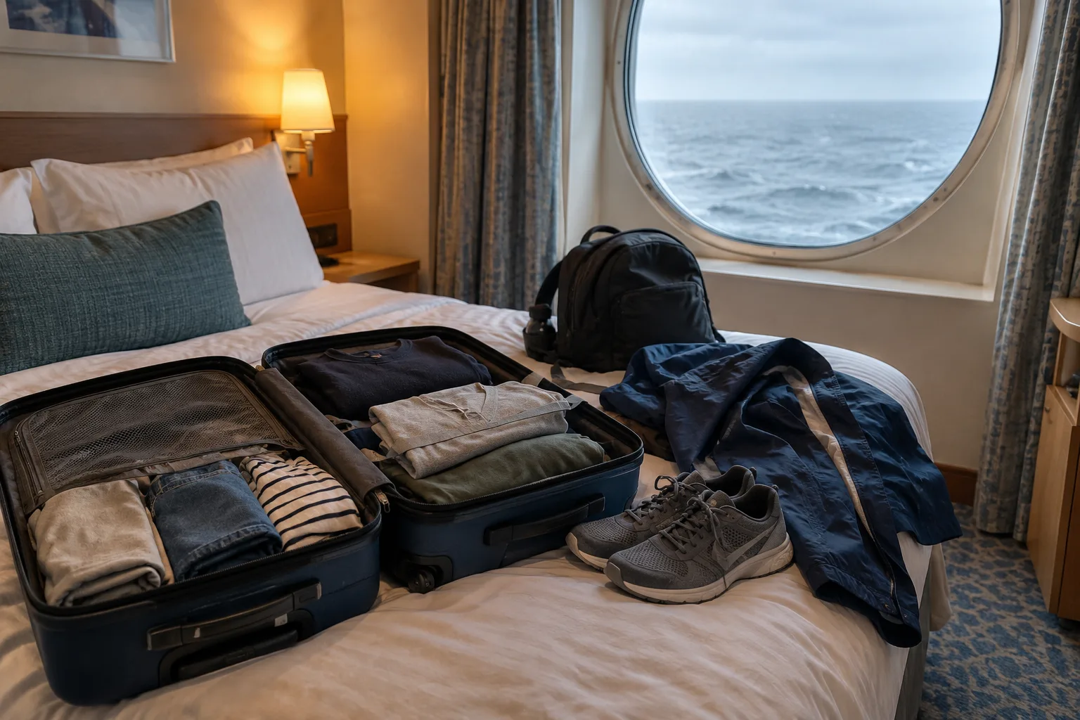 Een open koffer met kleding, schoenen en een regenjack in een hut