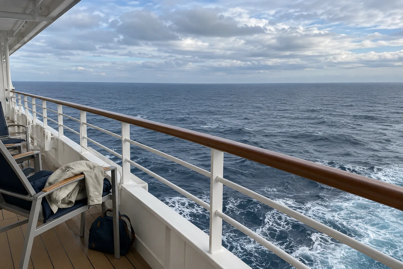 Stoelen, een reistas en een jas op een buitendek met uitzicht op zee