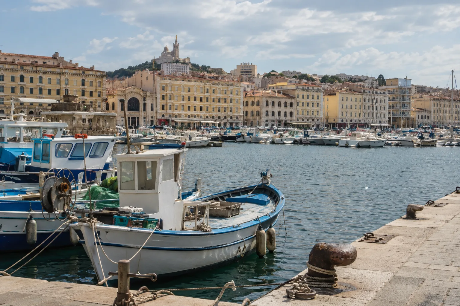 Vissersboten, touwen en lichte gevels aan een mediterrane haven