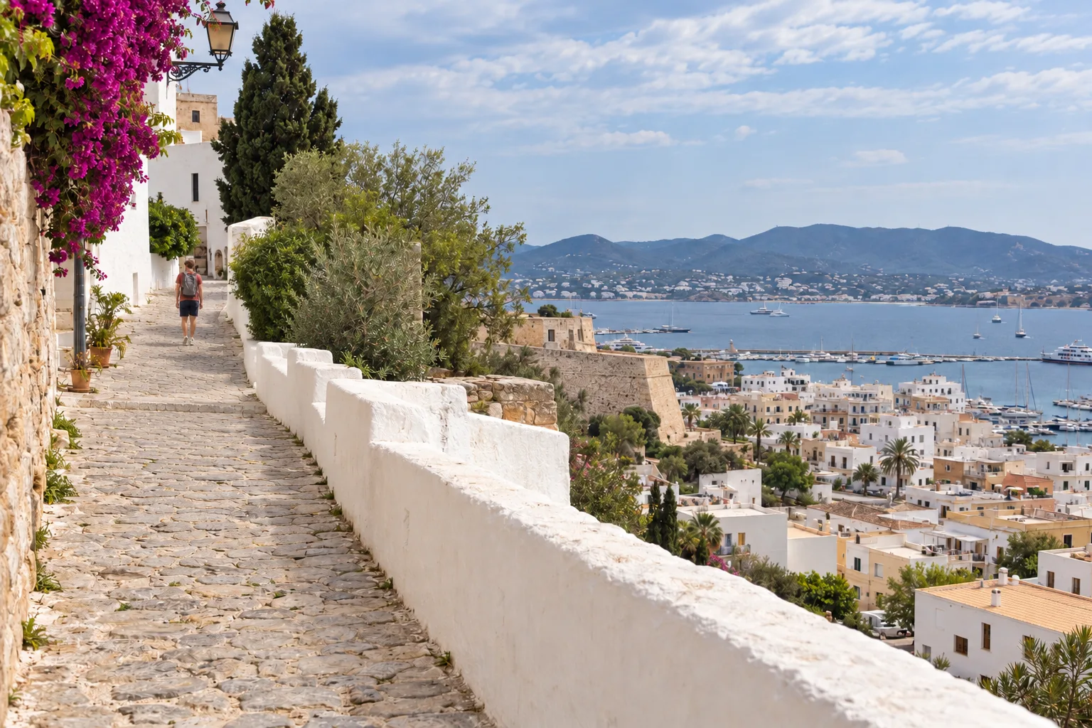 Daan loopt op afstand over een pad langs witte muren met uitzicht op Ibiza en zee