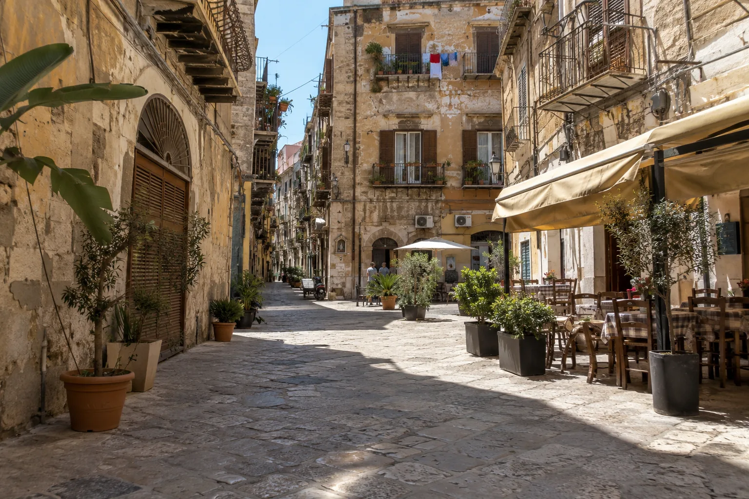 Verweerde gevels, luiken en terrastafels in een straat in Palermo