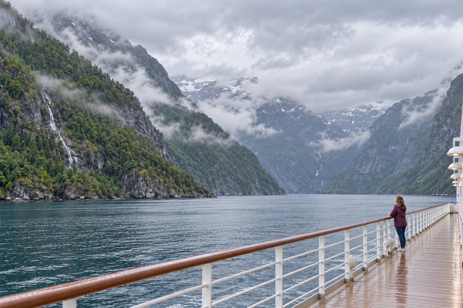 Marieke staat klein aan de reling en kijkt over het fjord naar de bergen