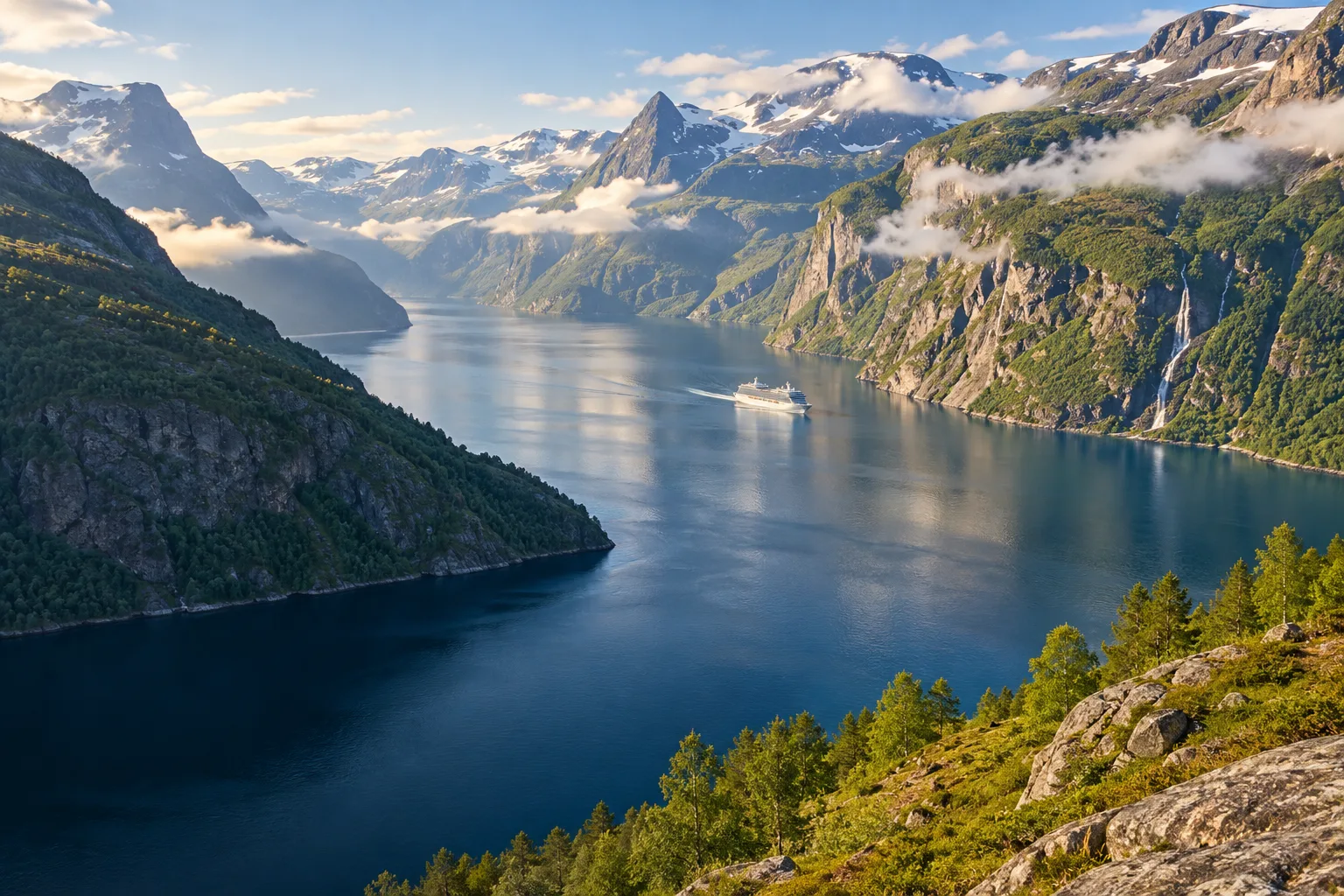 Een cruiseschip tussen groene bergwanden in een Noors fjord