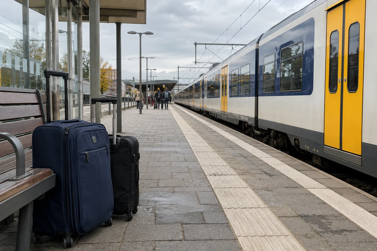 Twee rolkoffers op een perron naast een trein